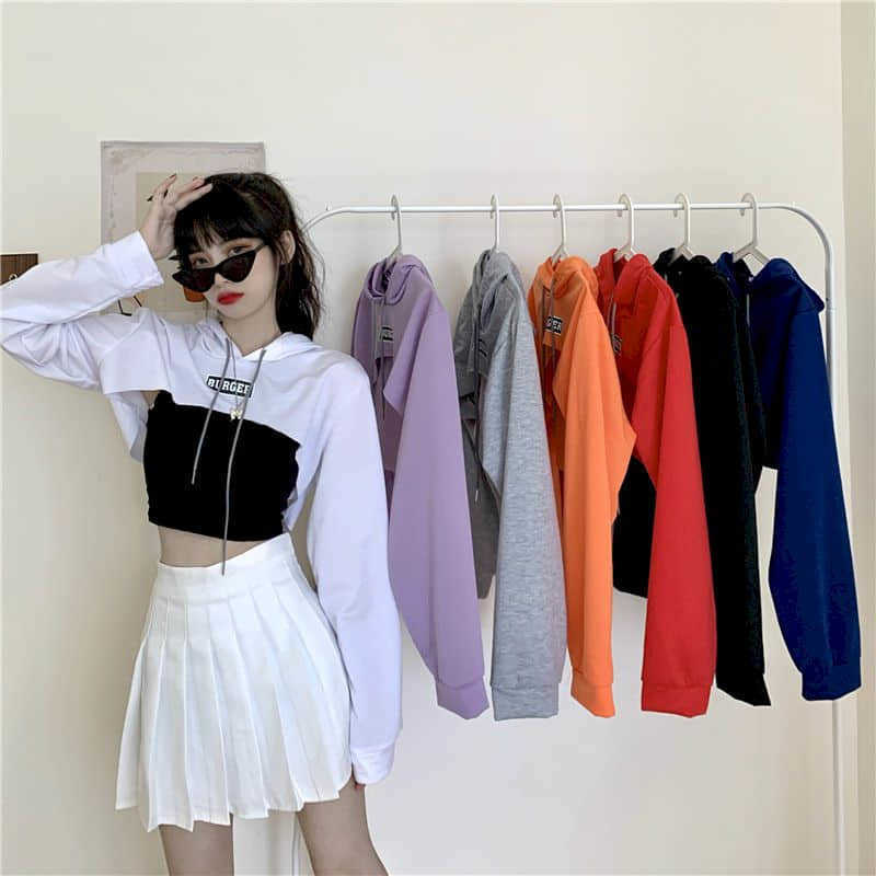 Hooded high waist short sweatshirt women early autumn cropped tops Korean style loose spring and long-sleeved 210526