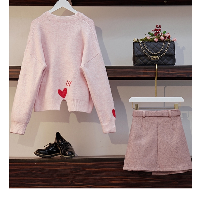 Preppy Style Loose Knitting Heart Pattern Sweater Top Sashes Wool Aline Mini Skirt Women Trendy 2 Piece Set Pink Skirt Set T200325