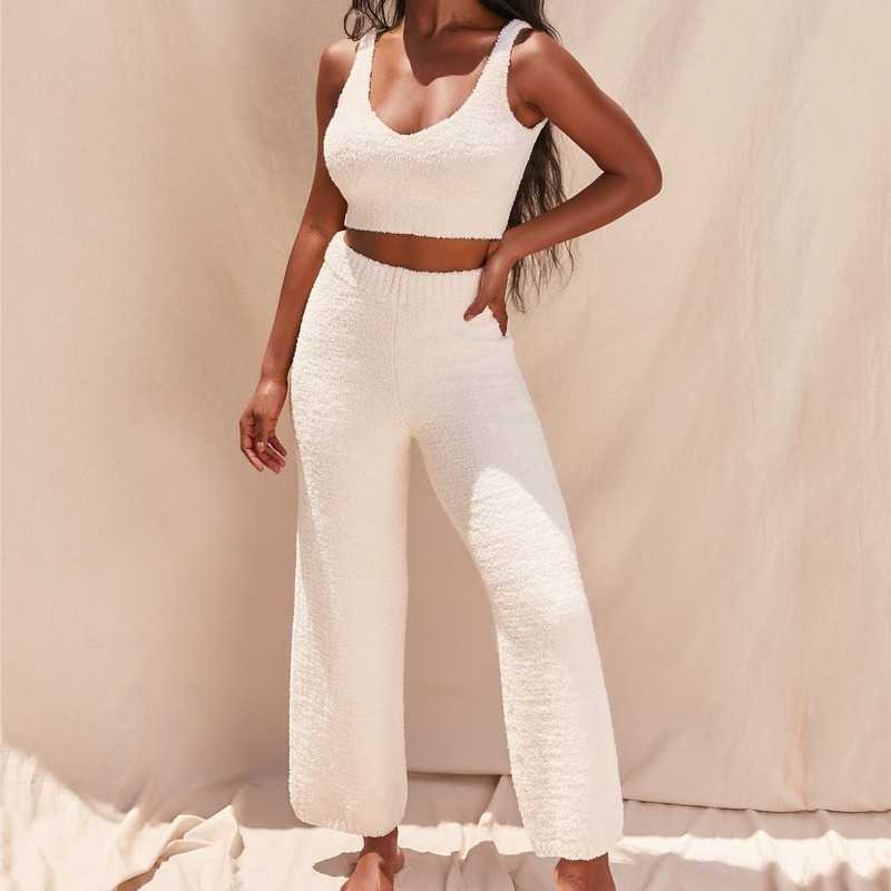 Plush Fluffy Sleeveless Crop Top + Wide Leg Pants Trousers Women Two Pieces Tracksuits Outfits Matching Sets Casual Sweatshirts Y0625