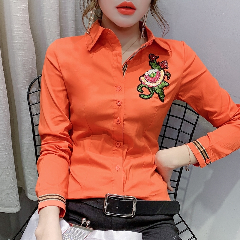 New Summer Korean Clothes Embroidery Flower Blouse Womon Beading Diamonds Woven Nylon Shirt Women Long Sleeve Tops T02503 210225