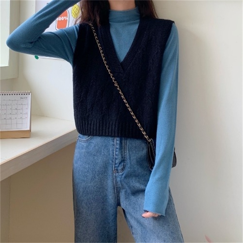 est Short Style V-Neck Twist Pattern Sleeveless Vests Korean Clothes Teen Girls Casual Loose Knitted Veste Sans Manche Femme 210604