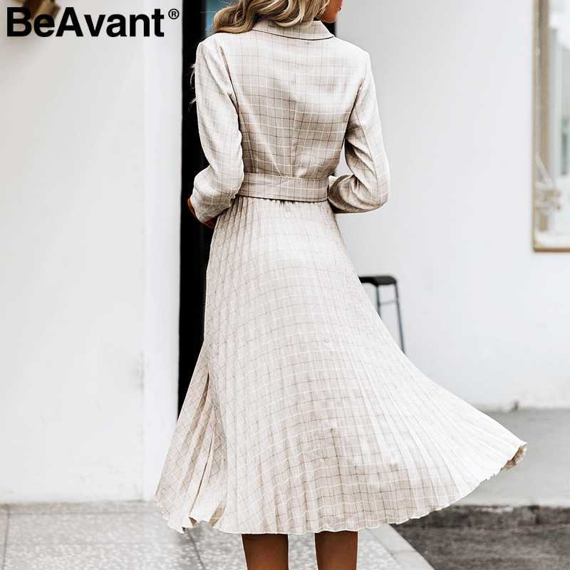 BeAvant Double breasted office dress women Elegant a line sashes plaid blazer dresses female Long sleeve pleated ladies vestidos 210709