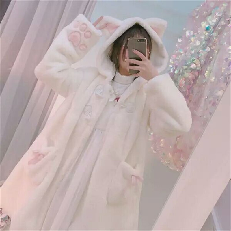 Women Winter Cartoon Fur Coats Japanese Kawaii Sweet Cat Paw Embroidery Faux Fur Soft Sister Long Warm Overcoat With Ears Hooded