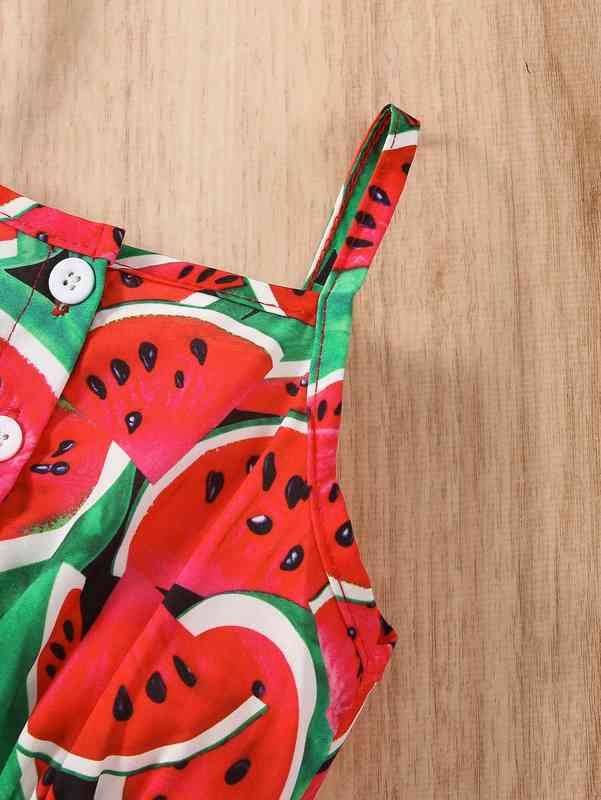 Baby Watermelon Print Bow Front Ruffle Hem Cami Romper SHE