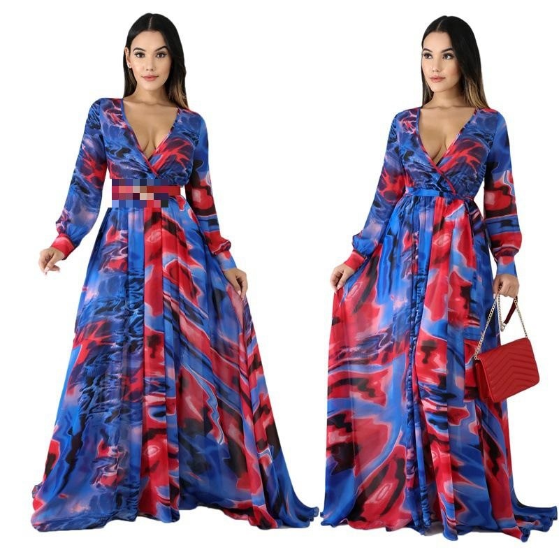 Women Dress V-neck Long Sleeve Plus Size Print Dresses Sexy Vintage Flowers Summer Clothes 210524