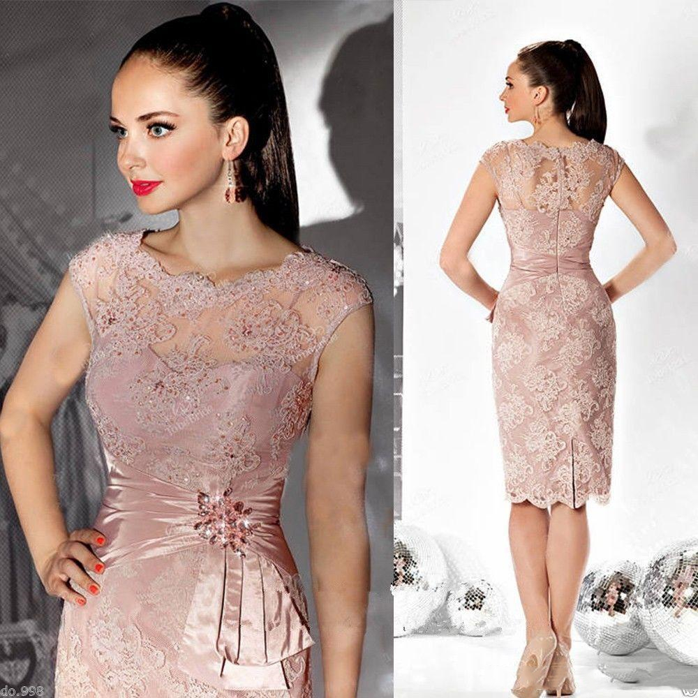 Elegant Dusty Pink Sheath Short Groom Mother's Dresses Knee Length Lace Appliques Beaded Mother Of The Bride Dresses Wedding Guest Gowns Jewel ne