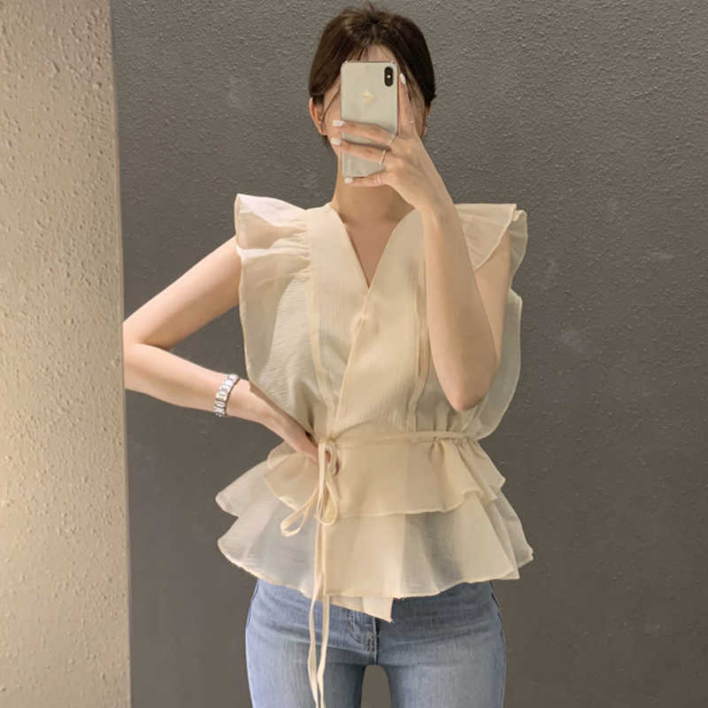 Korejpaa Women Shirt Summer Korean Chic Gentle Temperament Cross V-Neck Ruffle Stitching Lace-Up Waist Blouses 210526