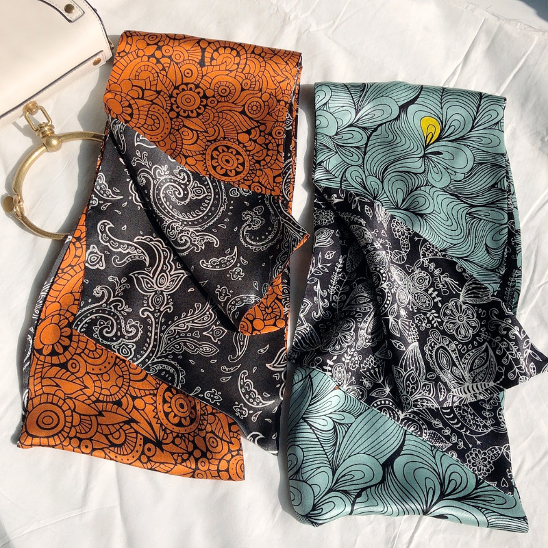Silk Long Narrow Scarf with Multi-function Striped Flower Printing, High-quality Plain Crepe Satin Double-layer Wild Streamer