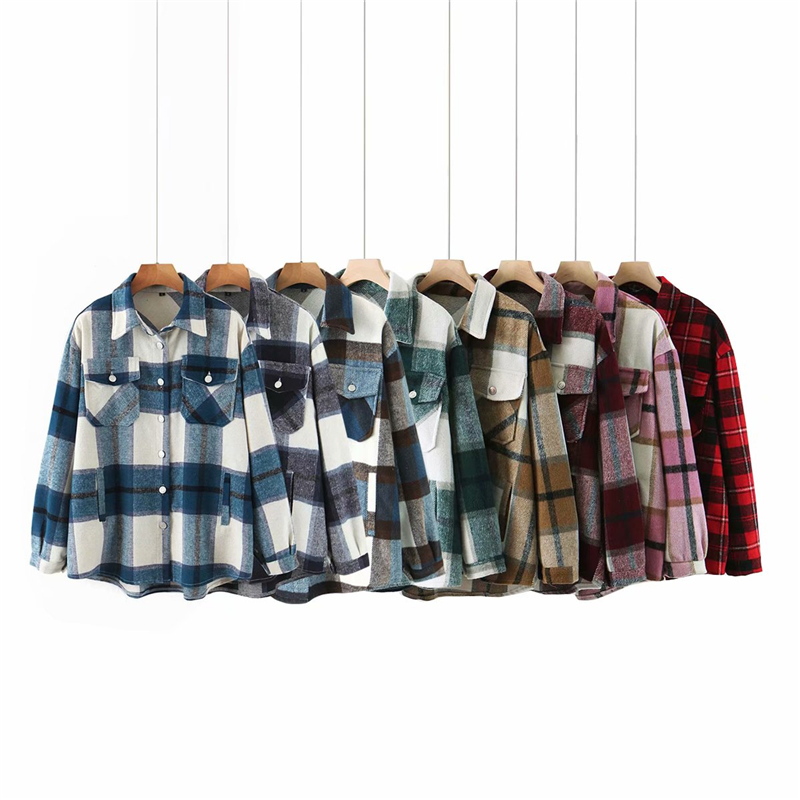 ZXQJ streetwear women woolen thick shirts autumn fashion ladies plaid shirt female chic oversize top casual girls blouses 210225