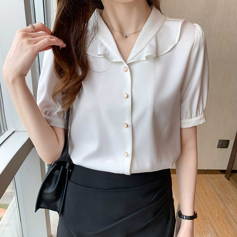 Women' Summer Shirt Chiffon Blouses for Women Short Sleeve Fashion Woman White V-neck Button Up Basic 210604, Ivory
Women' Summer Shirt Chiffon Blouses for Women Short Sleeve Fashion Woman White V-neck Button Up Basic 210604, Ivory