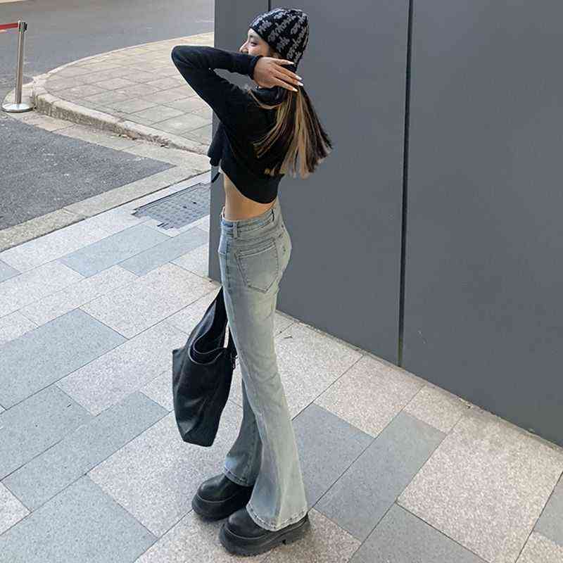 Women's High Waist Vintage Trumpet Jeans Female Lady Streetwear Fashion Elastic Slim Denim Flare Boot Cut Pants For Women 211112