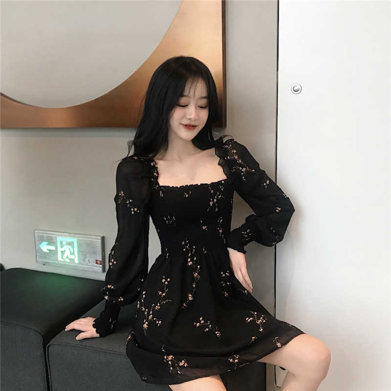 Woherb Summer Womens Black Dress Vintage Flower Long Puff Sleeve Chiffon Dresses Korean Casual Mini Vestidos Mujer 21593 210623