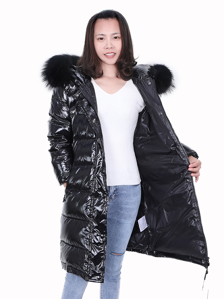 MAOMAOKONG winter long white duck down lining real raccoon fur collar warm black shiny streetwear jacket ladies 201019