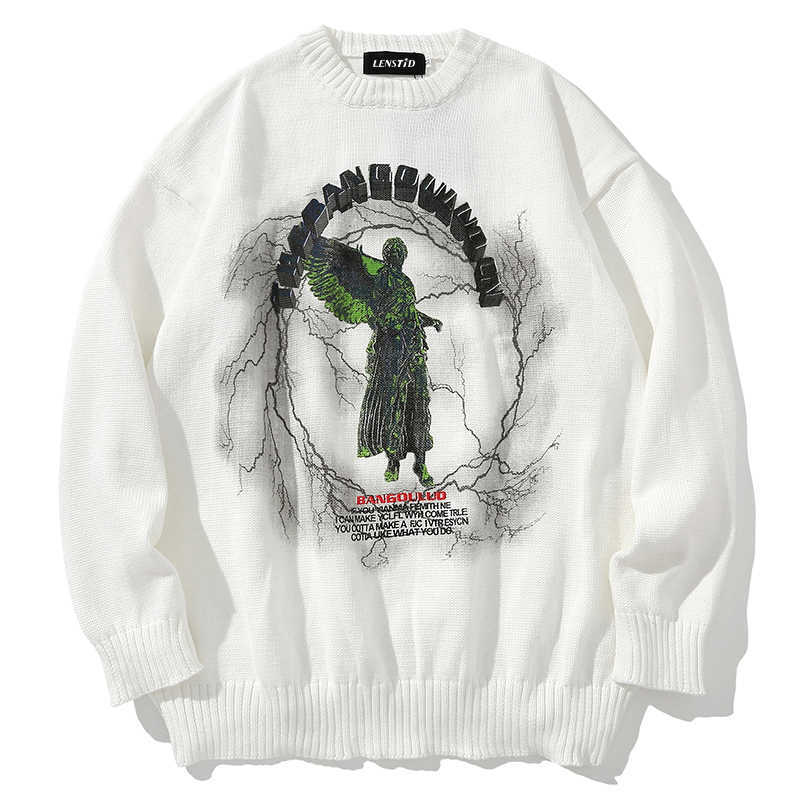 Men Hip Hop Knitted Jumper Sweaters Angel Lightning Print Streetwear Harajuku Autumn Chino Hipster Casual Pullovers Clothing 210818
