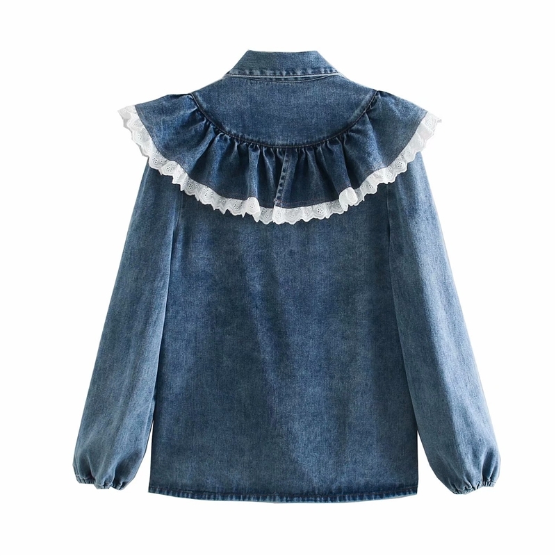 Elegant Women Blue Denim Shirts Fashion Ladies Lace Ruffles Tops Sweet Female Chic Turn Down Collar Blouses 210527