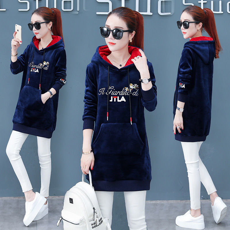 3XL plus size long sleeve velvet thicked long-lenght hoodie coat women sportwear autumn winter pullovers pocket weatshirt 201102
