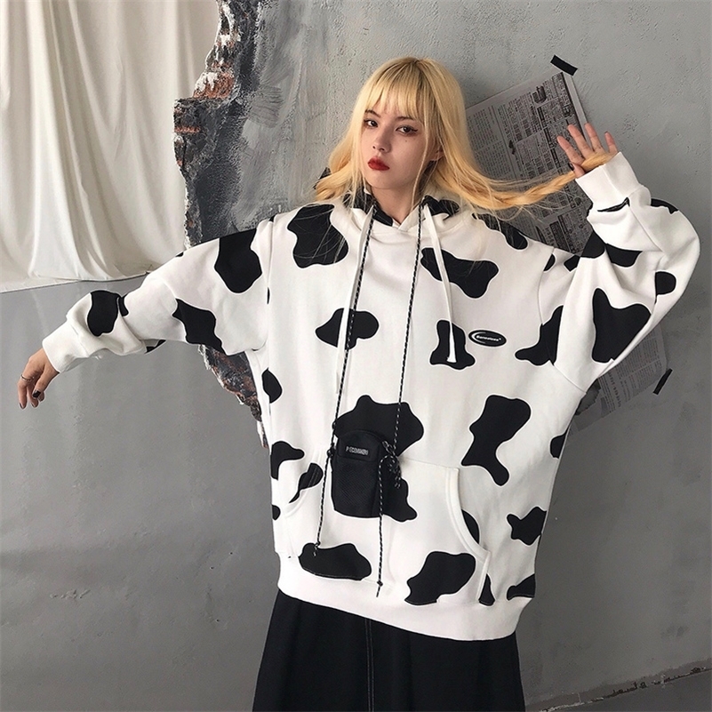 Oversized Hoodies Women Fashion Cow Print Long Sleeve Hoodies Autumn Winter Hooded Sweatshirt Casual Loose Pullovers Female 201209