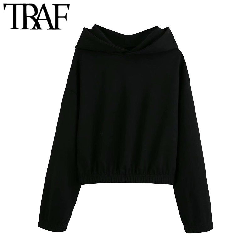 TRAF Women Fashion With Elastic Trims Cropped Hoodies Sweatshirts Vintage Long Sleeve Fleece Female Pullovers Chic Tops 201102