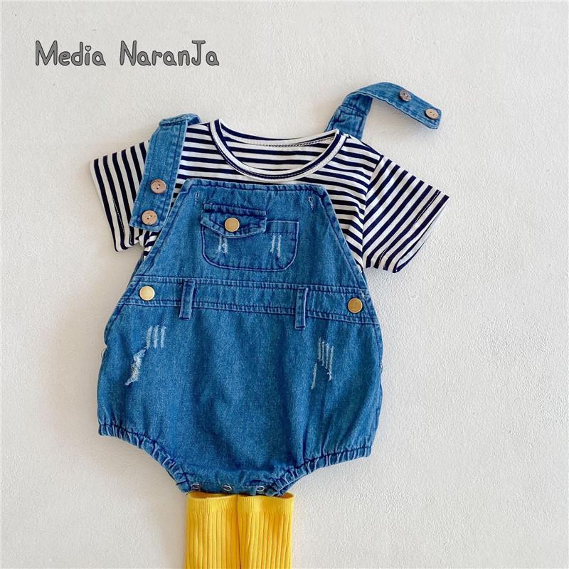 Spring Summer Ins Cotton Denim Suspender Pants + Striped T-shirt Infant Boys Girls Two-piece Suit Clothing Sets1
Spring Summer Ins Cotton Denim Suspender Pants + Striped T-shirt Infant Boys Girls Two-piece Suit Clothing Sets1