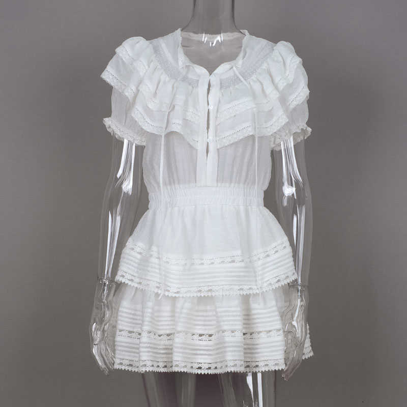 High Quality Short Sleeve White Lace Patchwork Women Holiday and Beach Style Mini Dress 210630