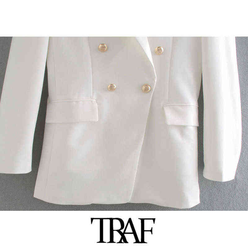 TRAF Women Fashion Office Wear Double Breasted Blazers Coat Vintage Long Sleeve Pockets Female Outerwear Chic Tops 211122