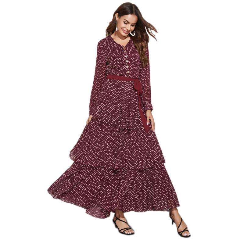 Ethnic Clothing Fashion Women Polka Dot Dress Abaya Vintage Bow Long Sleeve Maxi Dresses Kaftan Muslim Party Gown Holiday Jilbab Islamic Clo