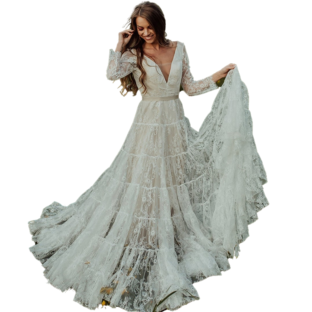 Boho Lace Long Sleeves Wedding Dress Open Back Deep V-Neck Ribbon Tiered Tulle Garden Beach A Line Bridal Gowns Nude Lining Country Bride Dresses Vest