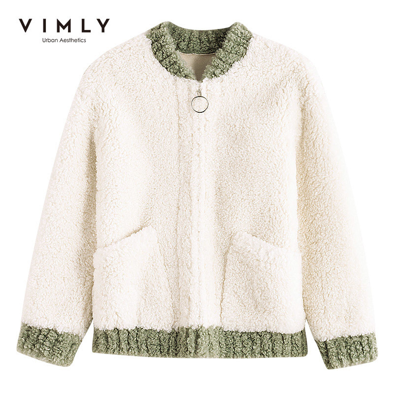 Vimly Autumn Winter Women Lambs Wool Coat Vintage Patchwork Round Neck Zipper Pocket Casual Female Thick Short Jacket 30263 201019