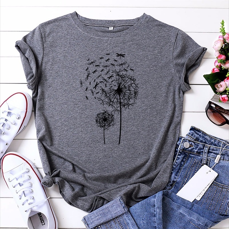 JCGO Summer Women T shirt Cotton Plus Size 5XL Short Sleeve Dragonfly Dandelion Print Female Loose Casual Large t-shirt Top Tees 210302