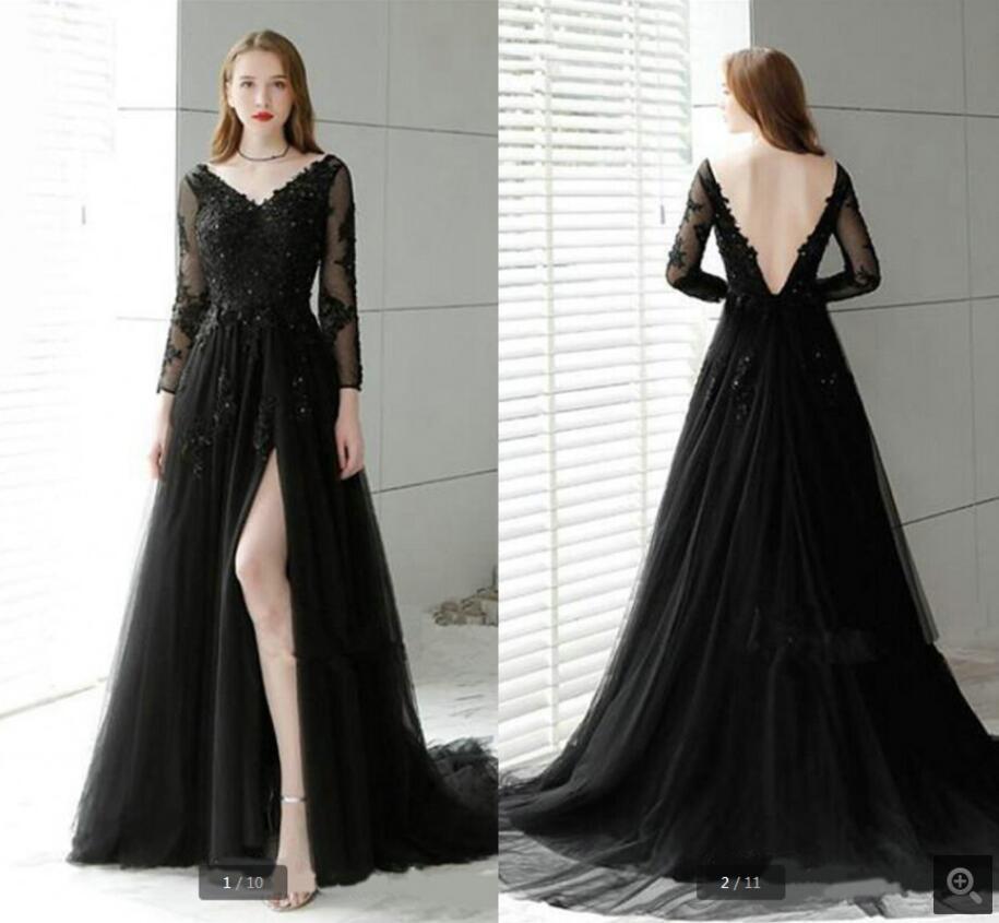 Black Tulle V Neck A Line Prom Dresses Long Sleeve Beaded Lace Appliques Elegant Formal Evening Party Gowns Backless Sexy Side Slit Red Carpet Dress F