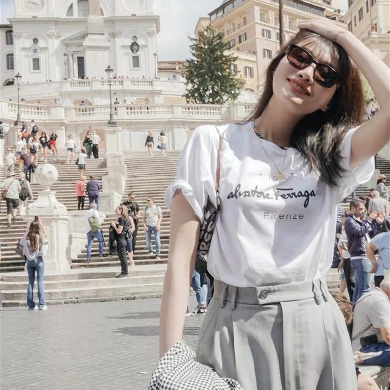 Casual Cotton T-Shirt Women Summer Korean Style Fashion Letter Print O-Neck Short Sleeve Black White Tshirt Tops T452 210302