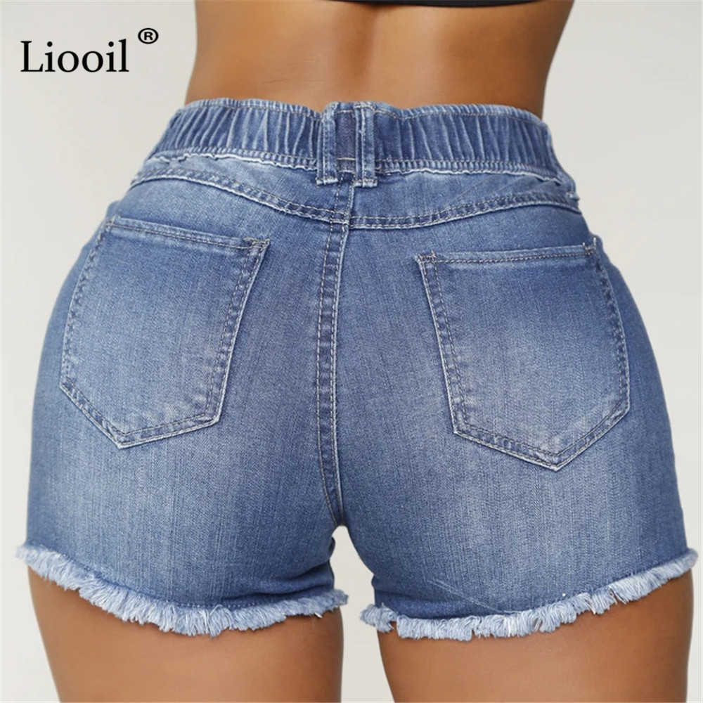 Liooil Sexy Ripped Skinny Denim Shorts With Pockets Women Summer Streetwear High Waist Distressed Bodycon Hole Jean Shorts 210625