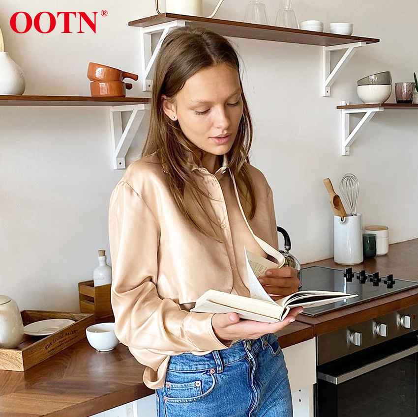 OOTN Casual Turn Down Collar Office Ladies Satin Shirt Female Blouse Button Elegant Womens Tops And Blouses Autumn Fashion 210225