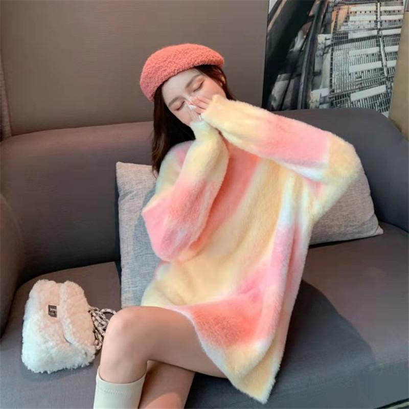 

Women's Sweaters Gentle Sweet Tie-dye Mink Fleece Sweater Female Mid-length Ins Style Loose Outer Wear Autumn Winter Orange Knitted Top JD20