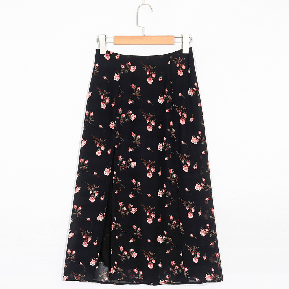 Women Skirt Fashion Elegant Vintage Black Floral Skirts Womens New High Waist Midi Skirt Sexy Side High Slit Woman Skirts 210309