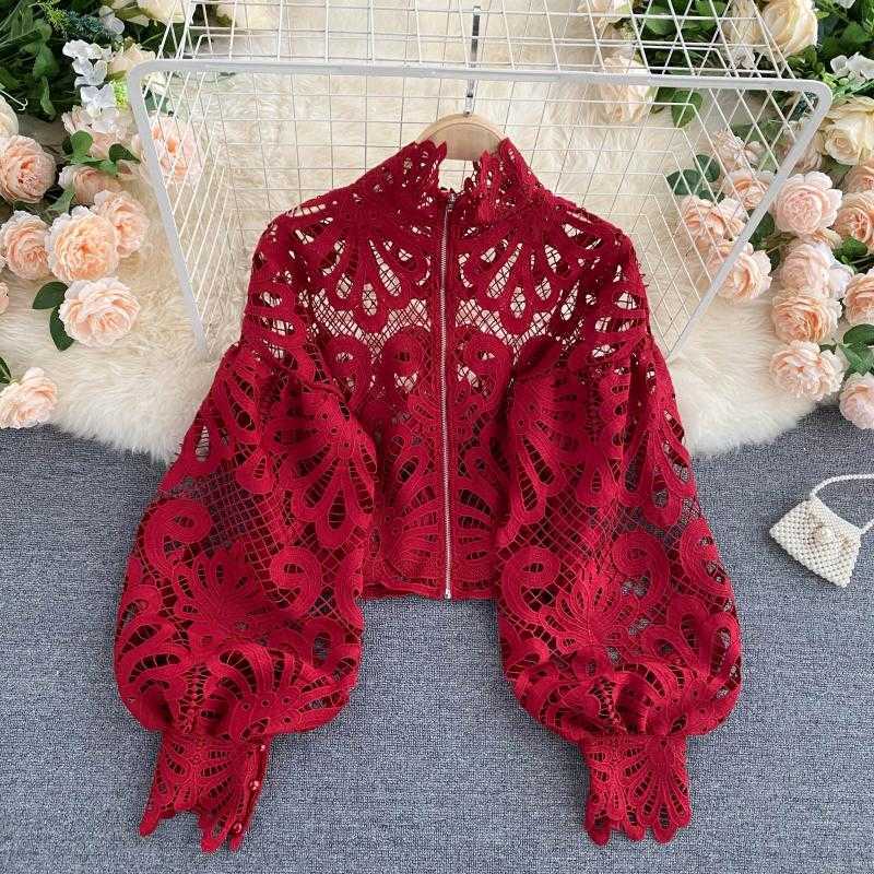 Sexy Lace Hollow Out Short Blouse Casual Lantern Long Sleeve Stand Collar Shirts Female Elegant Red/Pink/White Loose Tops 210721
