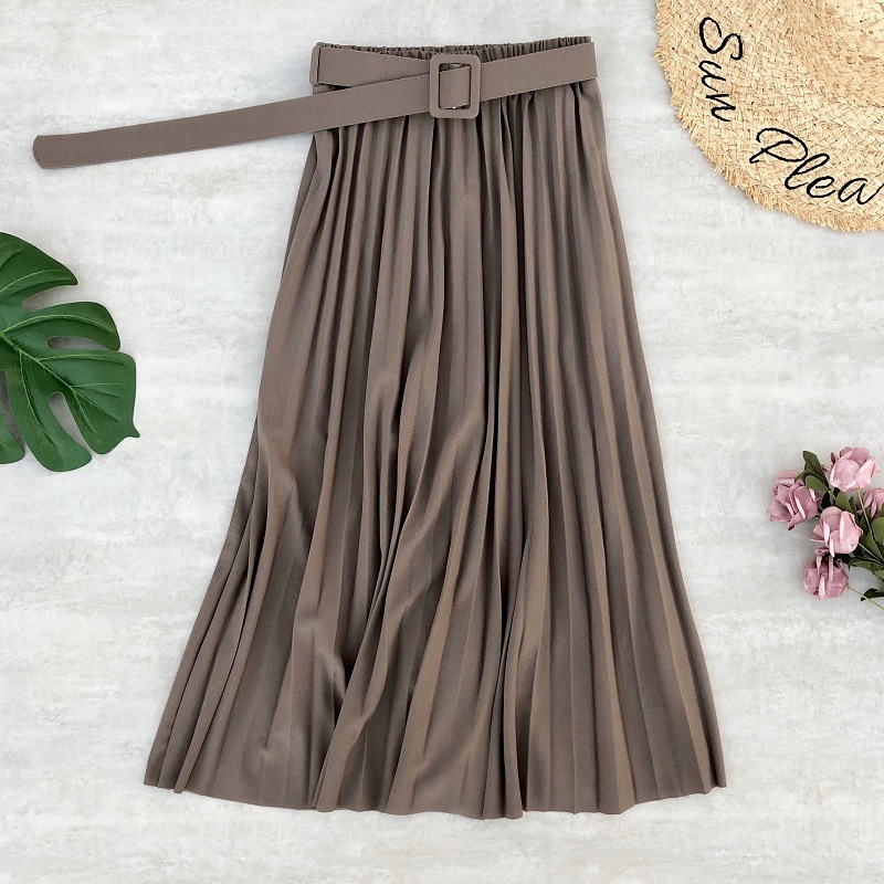 Fashion Autumn Women elegant Retro pleated skirts female High waist skirt with Belt Chiffon Pleated midi long skirts womens 210306