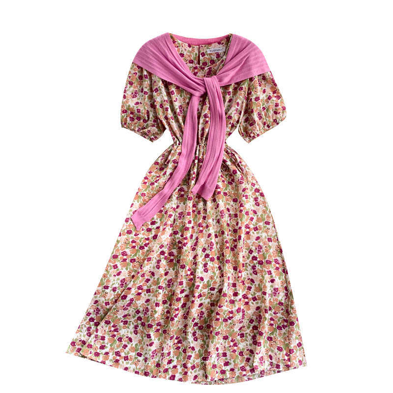 DEAT Women Printing Ruffles Dress Round Neck Short Puff Sleeve Arrivals Lady Temperment Fashion Spring Summer 11D595 210709