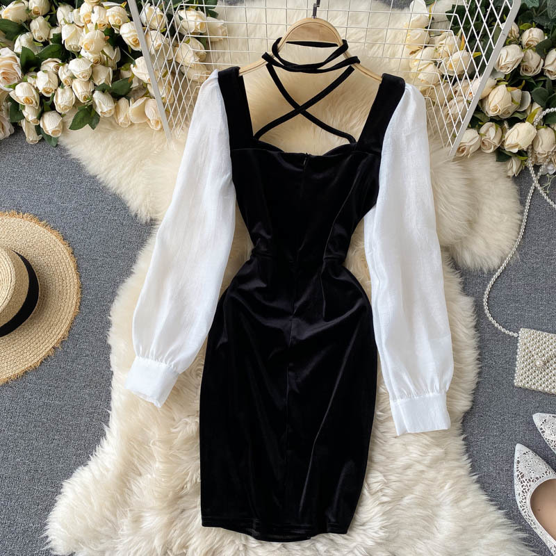 Autumn Winter BlackWhite Patchwork Dress For Women Sexy Halter Long Sleeve Party Dresses Female Velvet Vestidos Fashion 210303
