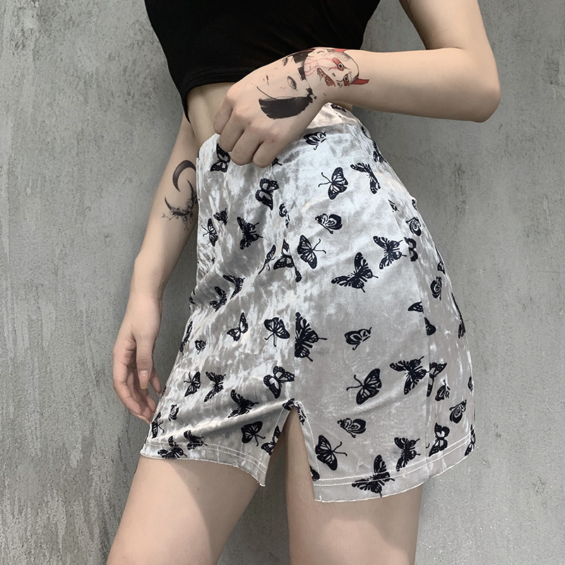 Sexy mini skirt velvet Butterfly Embroidery Black skirts womens aesthetic High Waist vintage harajuku black gothic skirt 210306