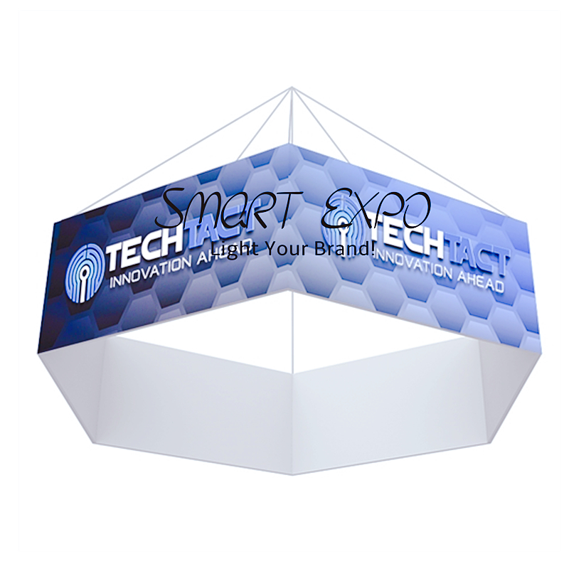 Hexagon Shaped Hang Sign Advertising Display Sexangle Ceiling Banner With Custom Logo Printing Flat Carry Bag Pack
