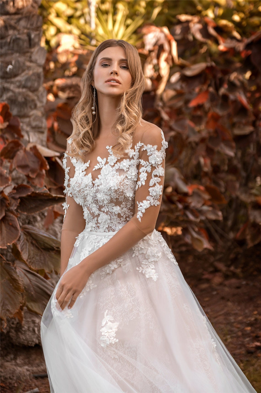 Bohemian Boho Sleeves Wedding Dress Ivory Blush Light 3d Lace Flower Tulle Skirt Half Sleeve Embroidered Illusion Bridal Gowns 2022 Vestido de Novia R