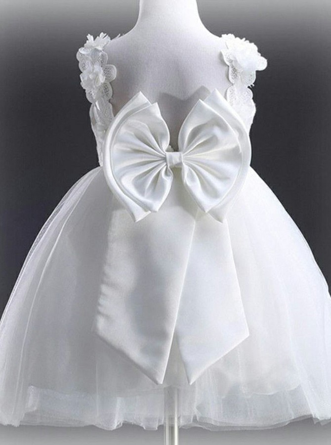 White 3D Flower Lace Girls Dresses For Wedding Bow V Neck Spaghetti Ankle Length A Line Birthday Party Communion Dress