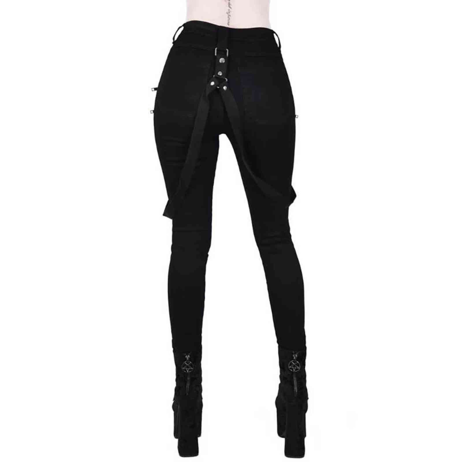 Women Gothic Pencil Pants Trousers Belt Zipper Ladies Streetwear Long Solid Black Hip Hop D30 211115