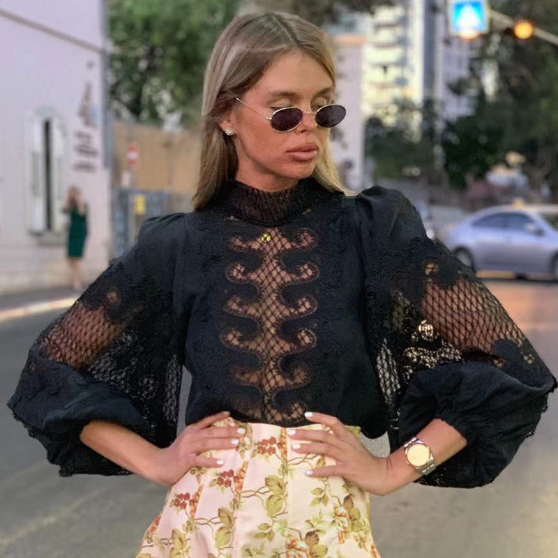 Embroidery Mesh Patchwork Lace Women's Shirts Blouse Bow Scarf Collar Lantern Long Sleeve Spring Female Clothing Fashion 210225