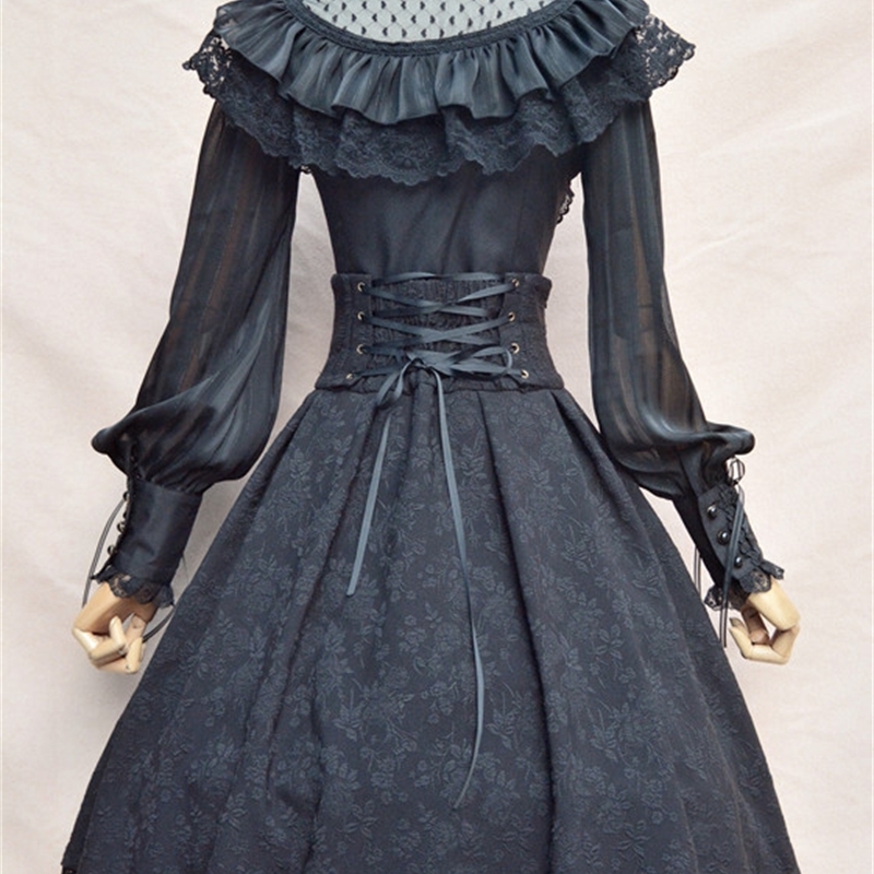 Royal Vintage Illusion Neck Women's Chiffon Blouse Gothic Sheer Long Lantern Sleeve Blouse with Ruffles T200321