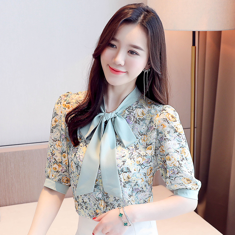 Korean Fashion Women Blouses Woman Chiffon Blouse Shirts Women Floral Shirt Tops Plus Size Summer Woman Puffed Sleeve Blouse Top 210225
