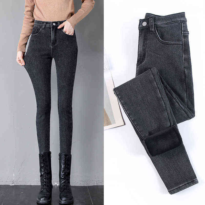 Women High Waist Thermal Jeans Winter Warm Stretchy Fleece Lined Denim Pants Leggings Blue Black Female Slim Pants Trousers 211112