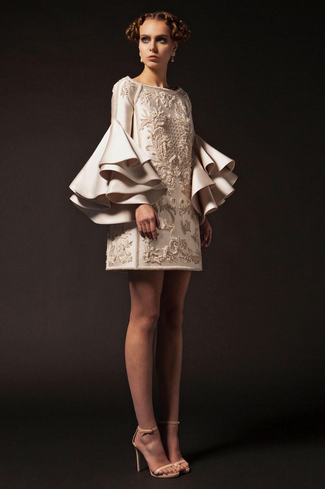 Vintage Krikor Jabotian Short Prom Dresses Special Ruffles Long Sleeve Cocktail Party Gowns Tiered Lace Beads Evening Dress