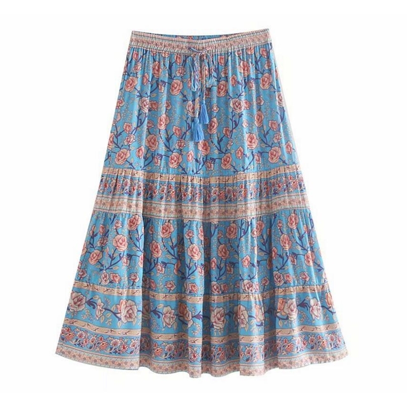 Bohemian Stream Flower Print Long Skirt Stitching Ruched Ruffle Hem Holiday Women Lacing up Stream Waist Swing Skirts Beach 210306